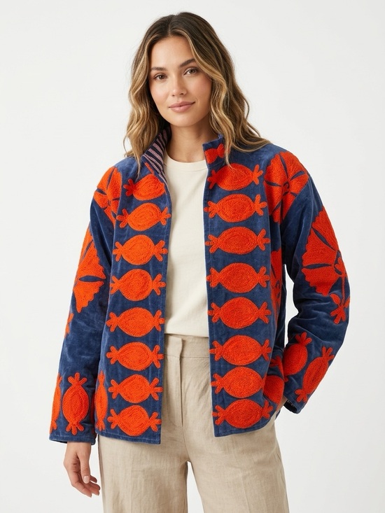 Jackets & Blazers - Vintage Velvet Floral Appliqué Jacket Blue Orange Striped Lined Fits Size M L